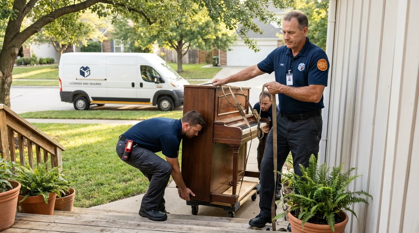 Licensed piano movers securing grand piano in Brandenburg, KY