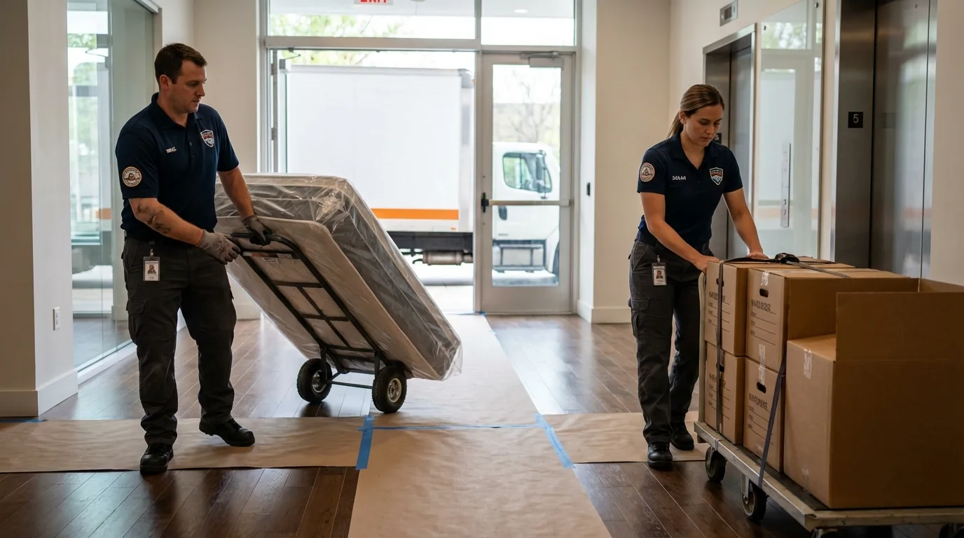 Professional apartment movers loading elevator in Brandenburg, KY